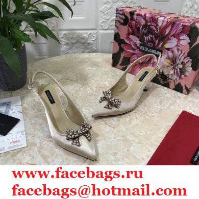 Dolce  &  Gabbana Heel 6.5cm Satin Slingbacks Beige with Crystal Bow 2021